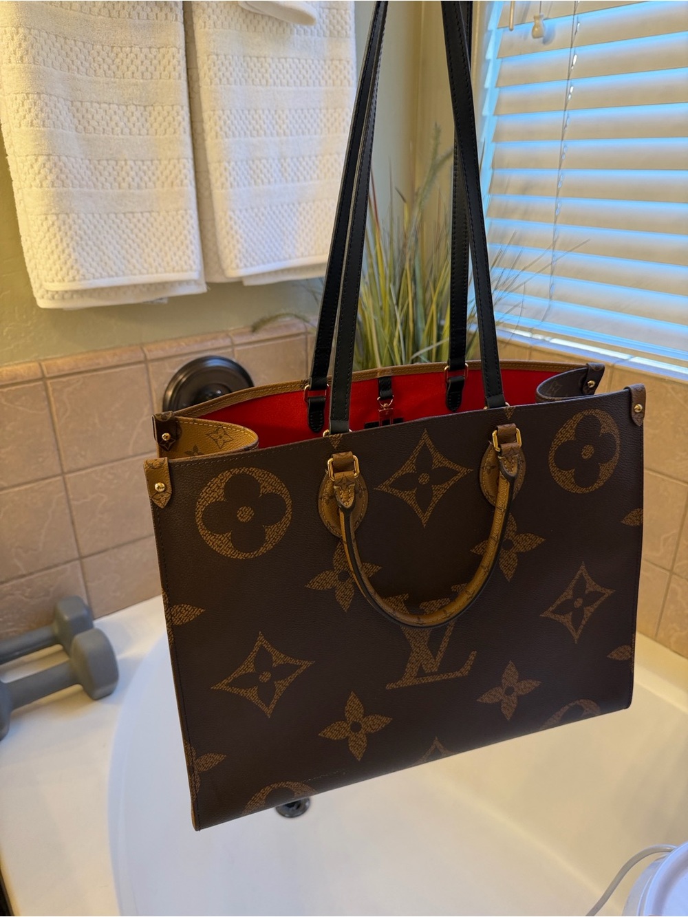Louis Vuitton Monogram Canvas Tote with Black Straps and Red Interior - Picture 2 of 12